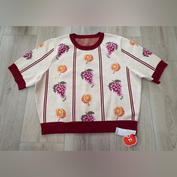 Cream and Red Patterned Sweater. 🍎🍇🍊 - Picture 3 of 14